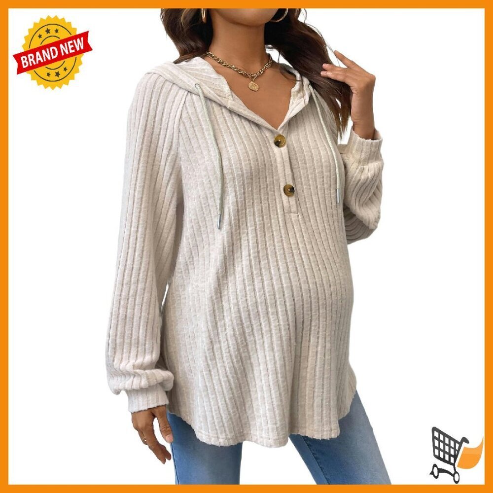 Maternity Half Button Hoodie Long Sleeve Ribbed Knit Sweatshirt Spring